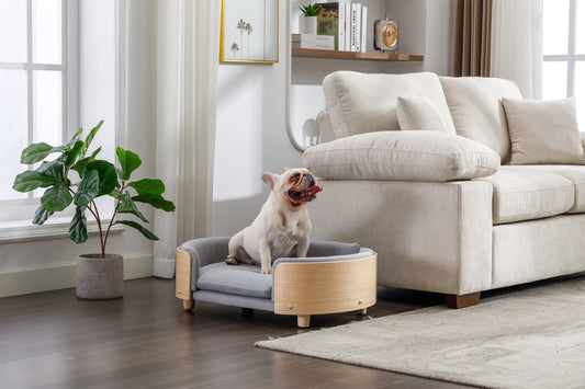 Scandinavian-style Elevated Dog Bed with Solid Wood Legs, Bent Wood Back, and Velvet Cushion - Mid Size Light Grey