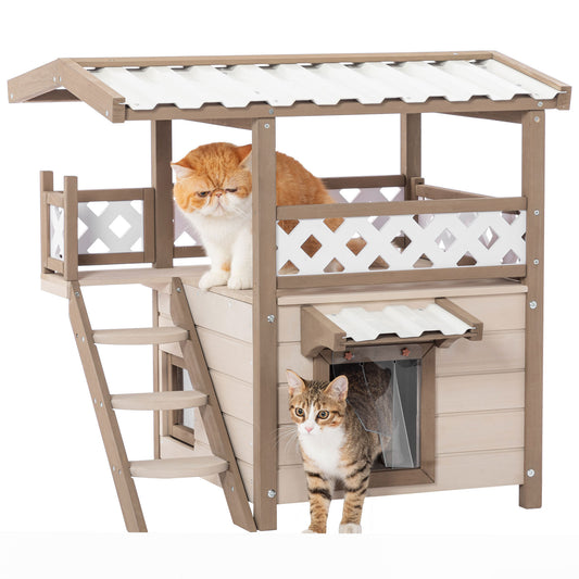 Feral Cat House: Outdoor & Indoor Kitty Houses with Durable PVC Roof, Escape Door, Curtain, and Stair. 2-Story Design for Multi Cats. Perfect for Sheltering Cats of All Sizes.