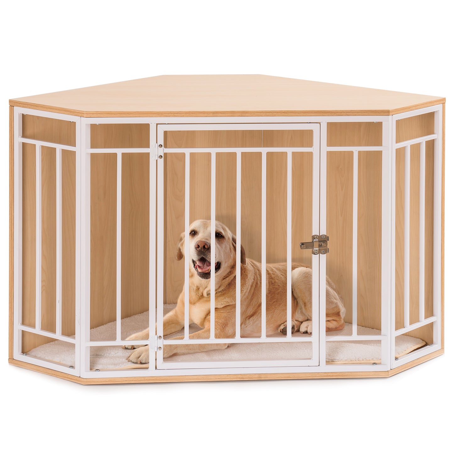 Corner Dog Crate with Cushion, Wood and Mesh Dog Kennel: Indoor Pet Crate for Comfortable and Secure Resting Space