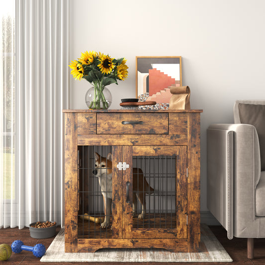 Furniture Style Dog Crate End Table with Drawer, Double Door Pet Kennels for Indoor Use - Rustic Brown, 29.92'' W x 24.8'' D x 30.71'' H