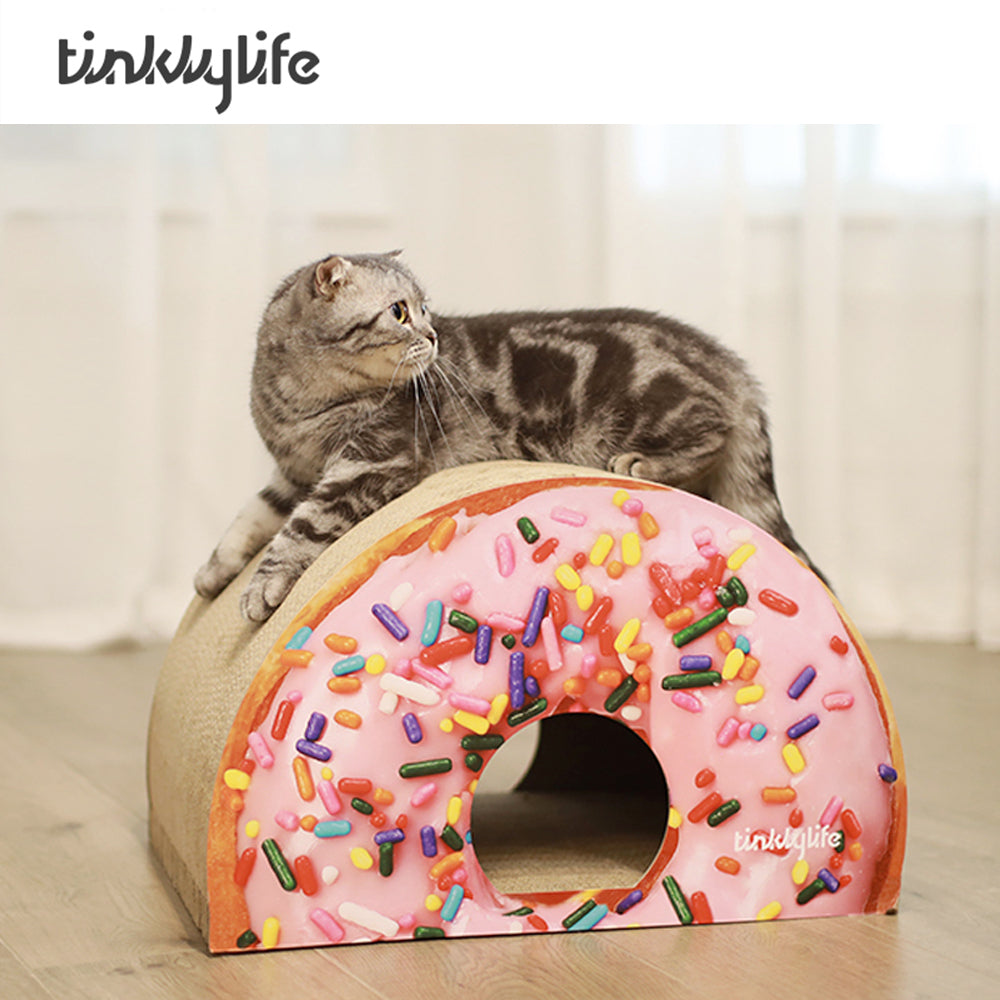 Tinklylife Cat Condo Scratcher Post Cardboard - Doughnut Shape Cat Scratching House Bed Furniture Protector, Pink Color