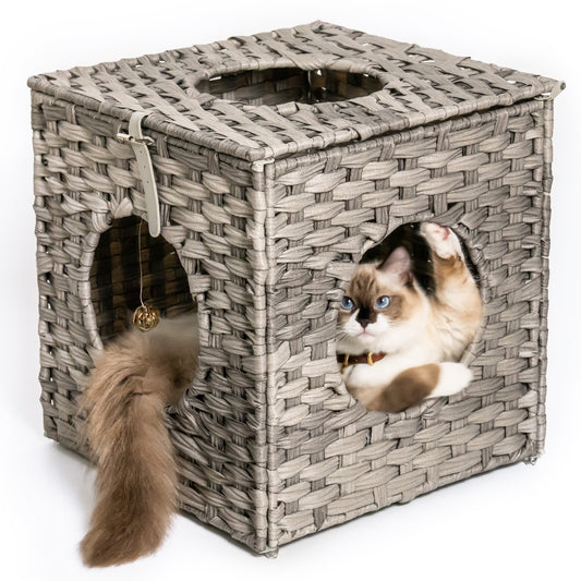 Rattan Cat Litter, Cat Bed with Cushion & Rattan Ball, Grey - Comfortable and Stylish Resting Spot for Your Feline Companion