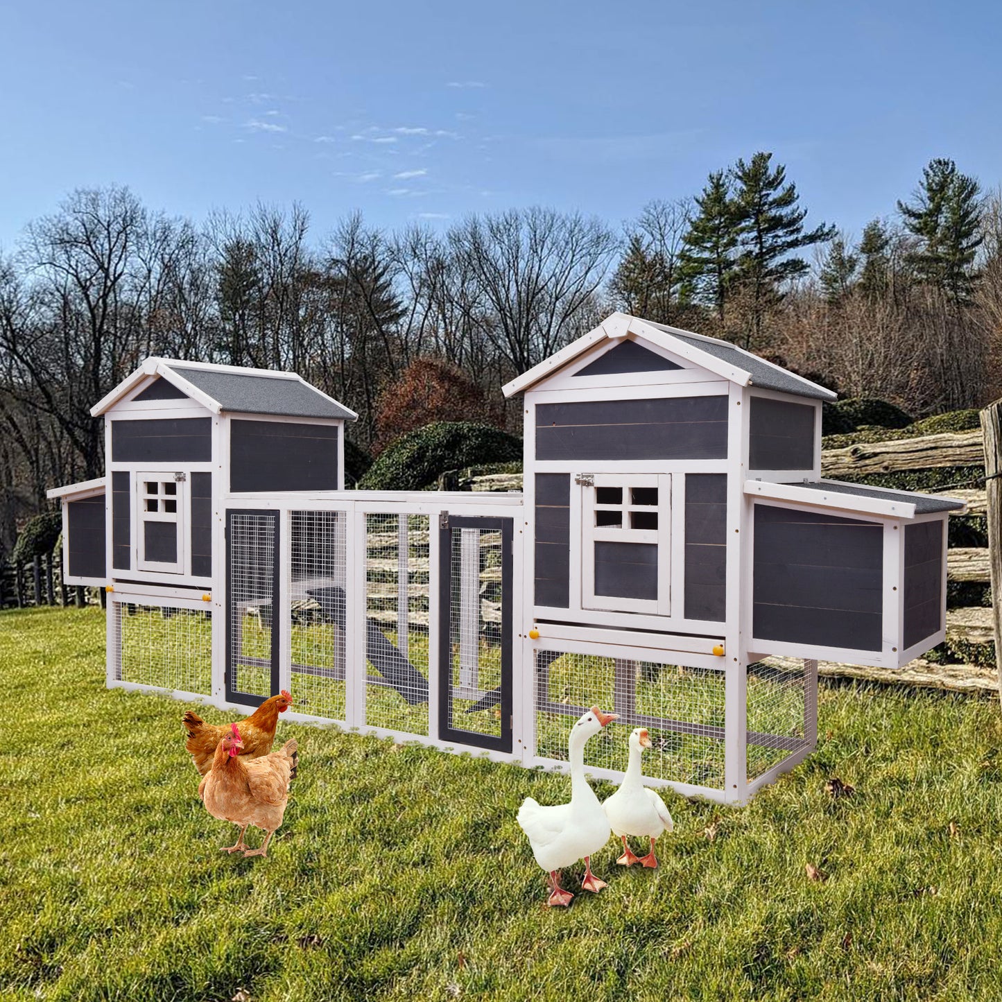 Outdoor Wooden Chicken Coop, 124" Large Hen Cage Rabbit House, Bunny Hutch with Ventilation Door, Removable Ramp, Chicken Nesting Box - Gray+White